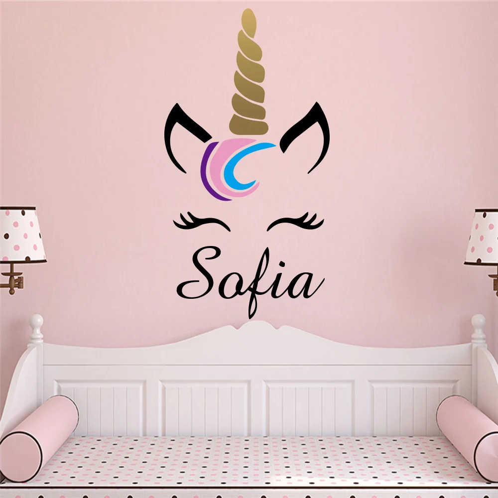 

Large kawaii Unicorn Vinyl Wall Sticker Custom Name Wall Decals For Kids Baby Bedroom Nursery Decoration Murals Stickers Muraux