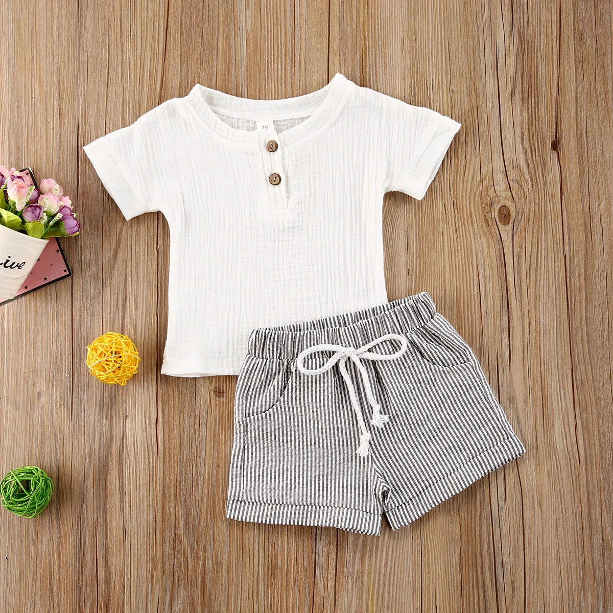 

6M-3Y Toddler Baby Boys Girls 2pcs Clothes Set Cotton Linen Button Short Sleeve T-shirts Tops Striped Pants Kids Summer Clothing