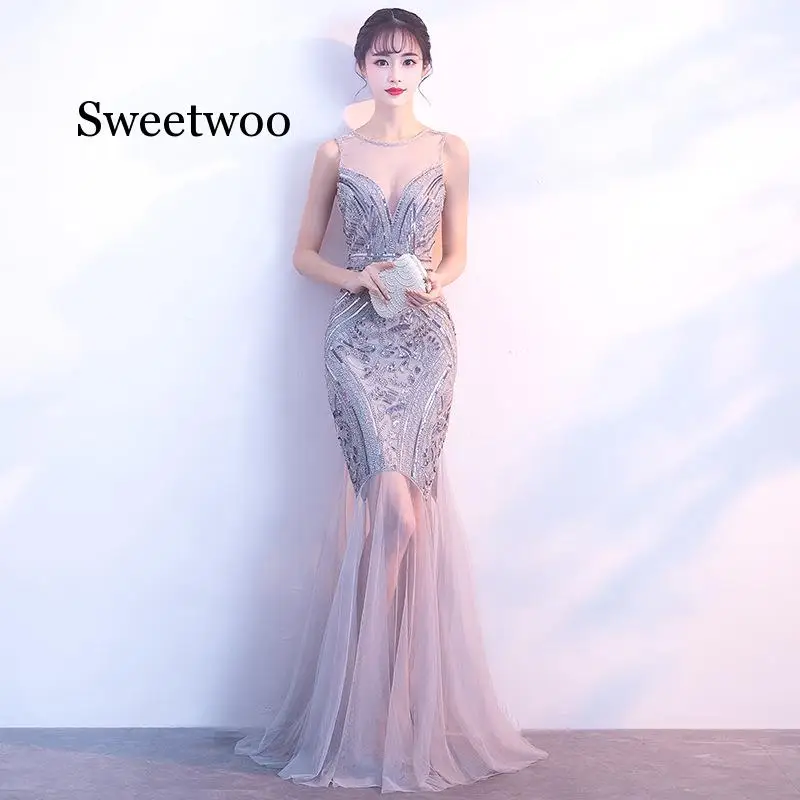 

2020 серебро без рукавов блесток платье с русалочкой для женщин Гэтсби Блестящие платье с высоким воротом, платье для платья размера плюс пик...