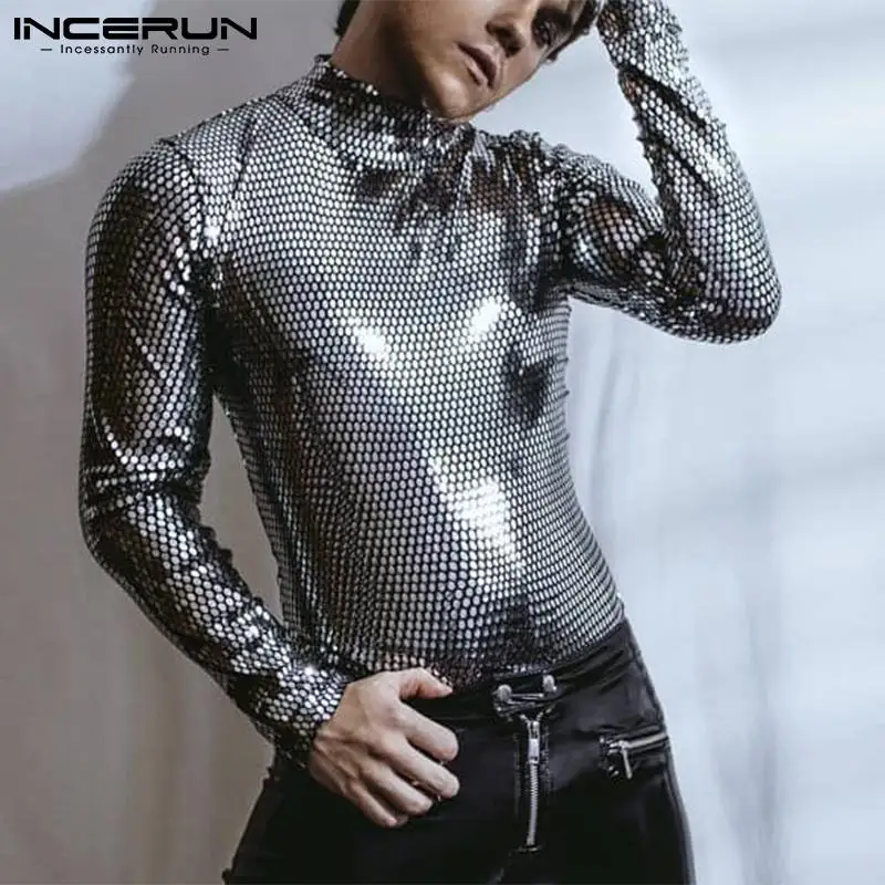 

2021 Men Bodysuits Sexy Turtleneck Long Sleeve Sequins Party Nightclub Bodysuit Skinny Shiny Men Rompers Underwear 5XL INCERUN 7