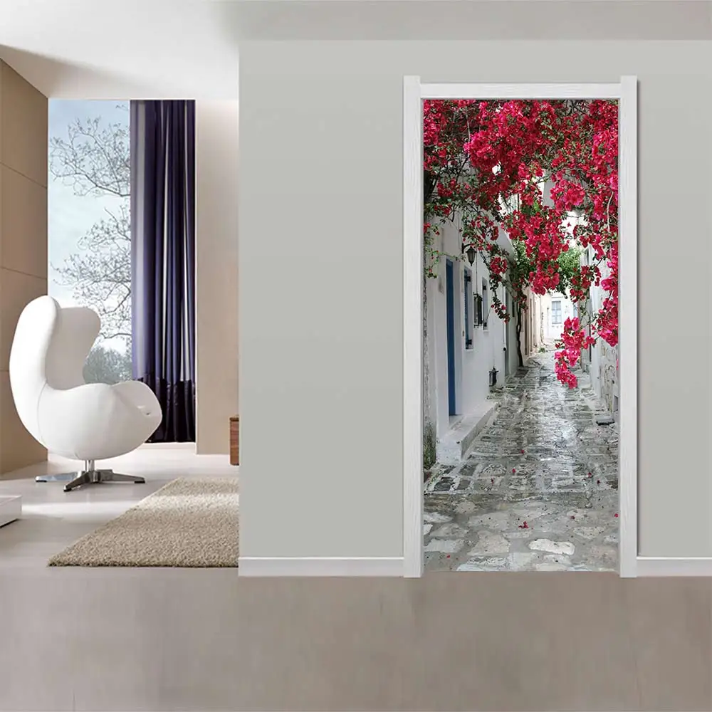 

Waterproof 3D creative street flower door sticker self-adhesive paper decoration bedroom living room wall sticker door sticker