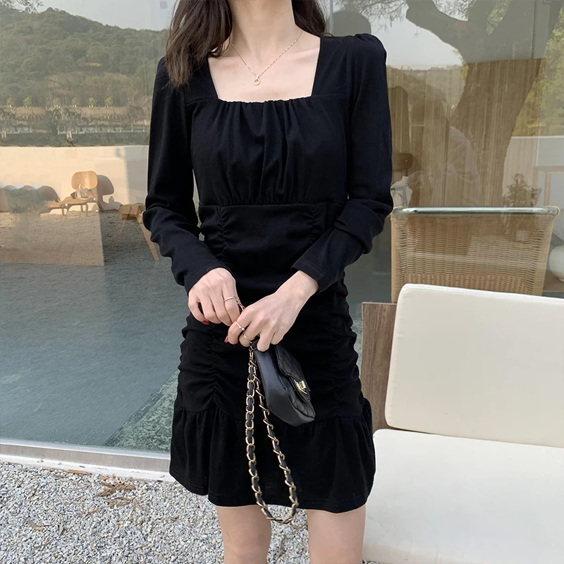 Полумесяца городская с длинным рукавом квадратным вырезом женское платье 2021