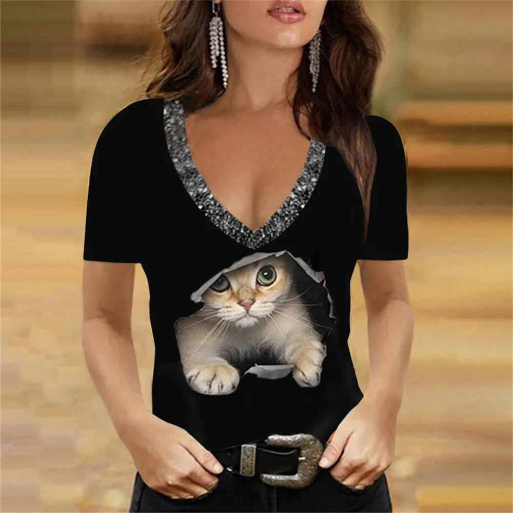 

Women Short Sleeve Casual T-Shirt 2022 New Spring V-Neck Printed Loose Tops Cartoons Funny Cats T-Shirt Fashion Lady Streetwear