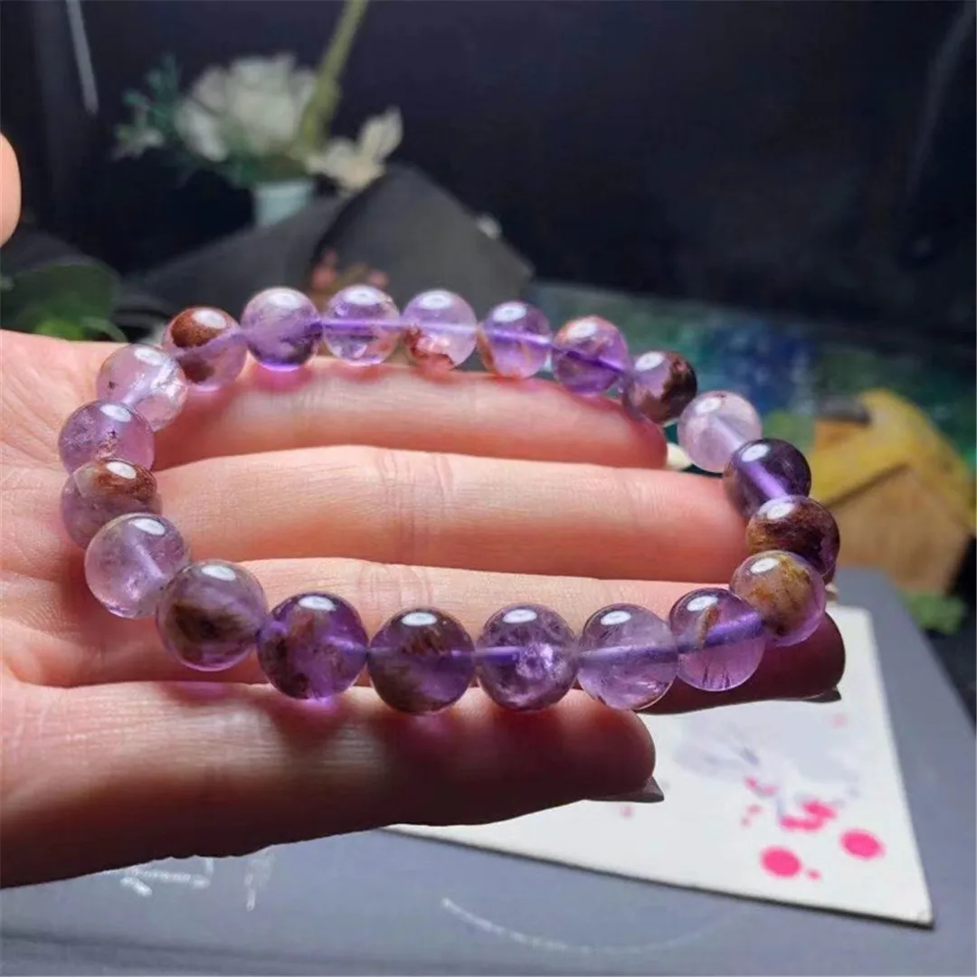 

9mm Natural Purple Rutilated Bracelet Jewelry For Woman Lady Man Love Wealth Gift Quartz Crystal Beads Gemstone Strands AAAAA