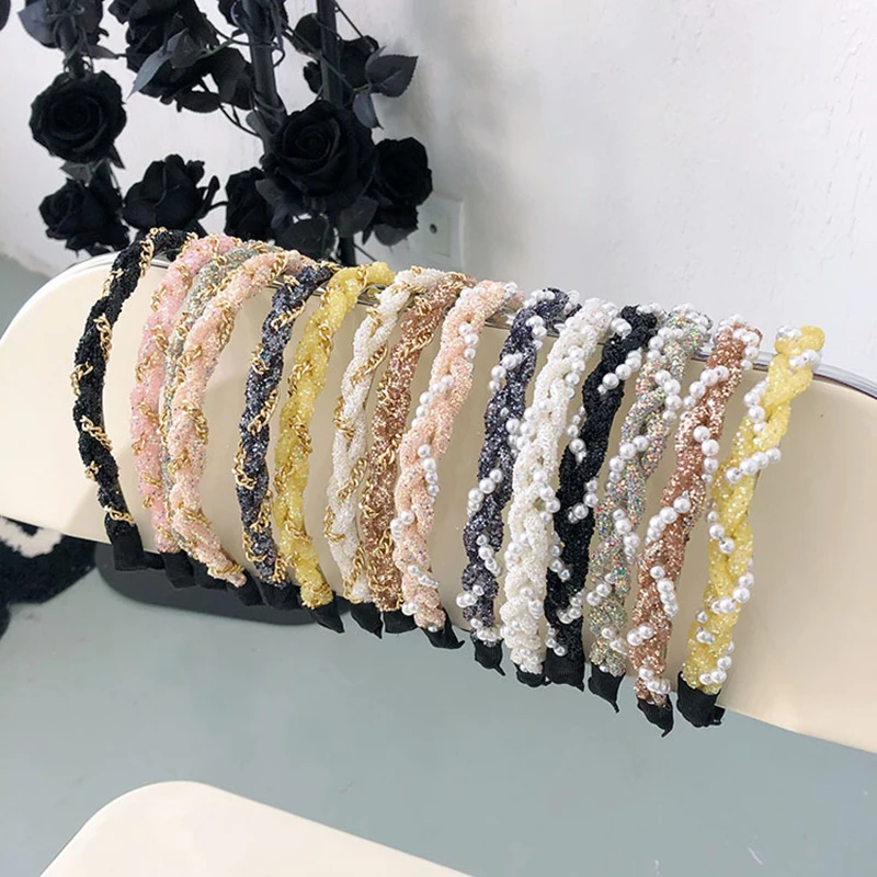 

Chain Thin Hair Hoop Pearls Twining Headband Shiny Luxury Hair Accessories Twist Braid Cross Sequins Elegant Fashion Head Hoop