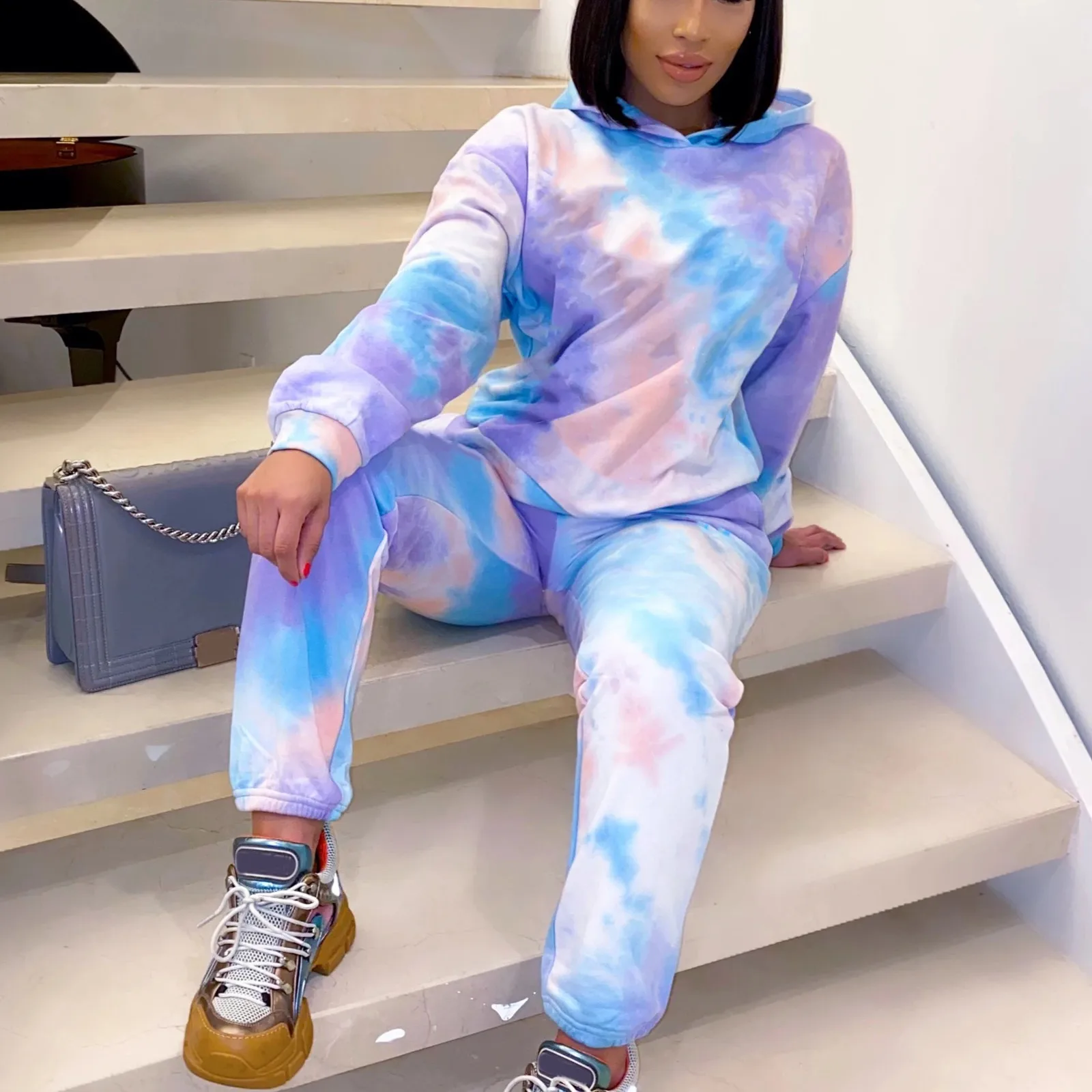

Fashion Women Sportswear Long Sleeve Hooded Pullover Tie-dye Printed Hoodie Tops Sweatpants Casual Running Exercise Tracksuit