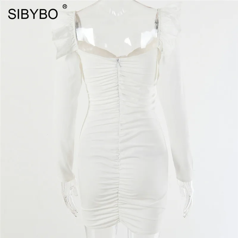 SIBYBO/осеннее платье с длинными рукавами и оборками, женское Бандаж с v-образным вырезом, мини-облегающее платье, однотонное женское вечернее платье с открытой спиной