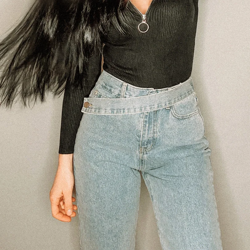 Straight Jeans For Women High Waist Chic Casual Washed Pants Sexy At Waist Belt Slim Denim Long Pante 2021