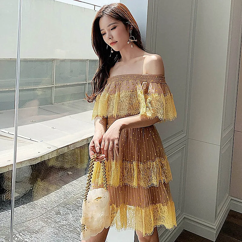 Женское кружевное платье в горошек пикантное желтое мини-платье с открытыми