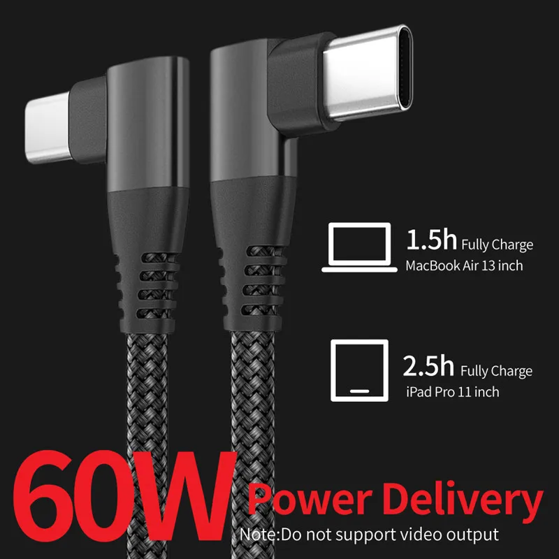 

1m 2m 3m Double Type-c Cable 90 Degree Right Angle Elbow Data Cables 20V 3A 60W PD Fast Charging Type C To Type C Cord