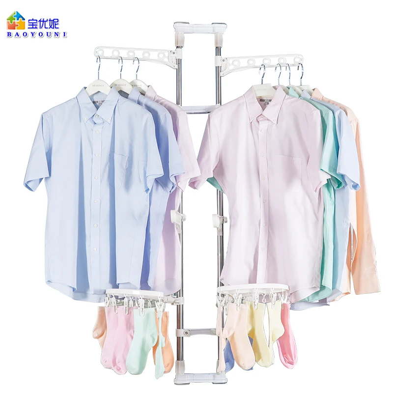 

Height Adjusting Window Garment Drying Rack Free Standing Clothes Hanging Rod Rack With Socks Underwear Clips