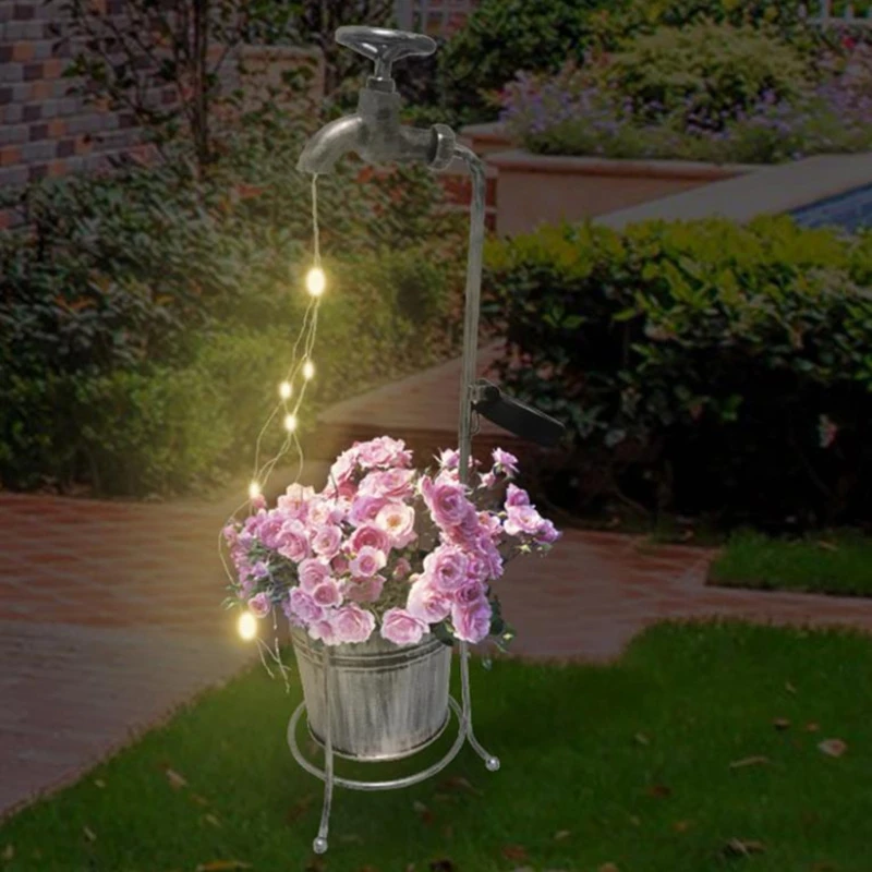 

MXLB Solar Powered Water Faucet Garden Stake LED Lights Metal Flower Pot Planter Lamp Yard Lawn Patio Landscape Decoration