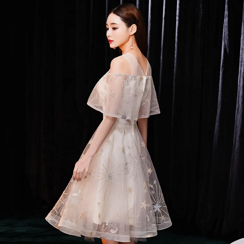 Elegant Light Blue Patchwork Mesh Dress Star Sequins Cheongsam Formal Party Gowns Female Embroidery Sexy Chinese Dress Qipao