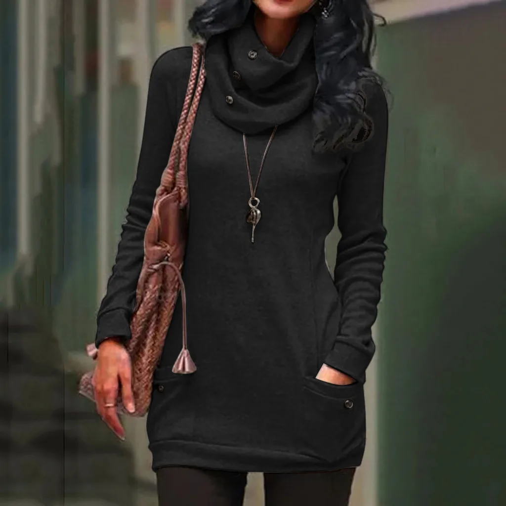 Женская теплая туника на пуговицах повседневная Зимняя Блузка с высоким