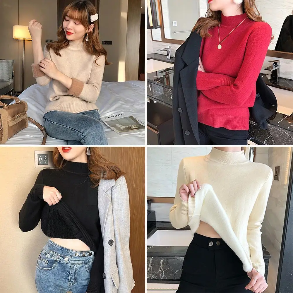

Женская Нижняя рубашка, осенне-зимний свитер, женский теплый топ с воротником, бархатный свитер средней длины, цельный свитер с W0G8