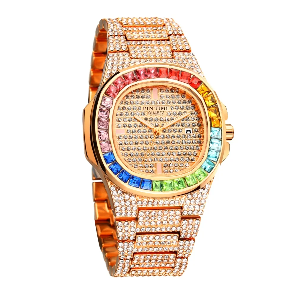 

Hot Men Women Watch Gold Rainbow Diamond Iced Out Watches Stainless Steel Quartz Auto-Date Male Female Gift Wristwatch Clock