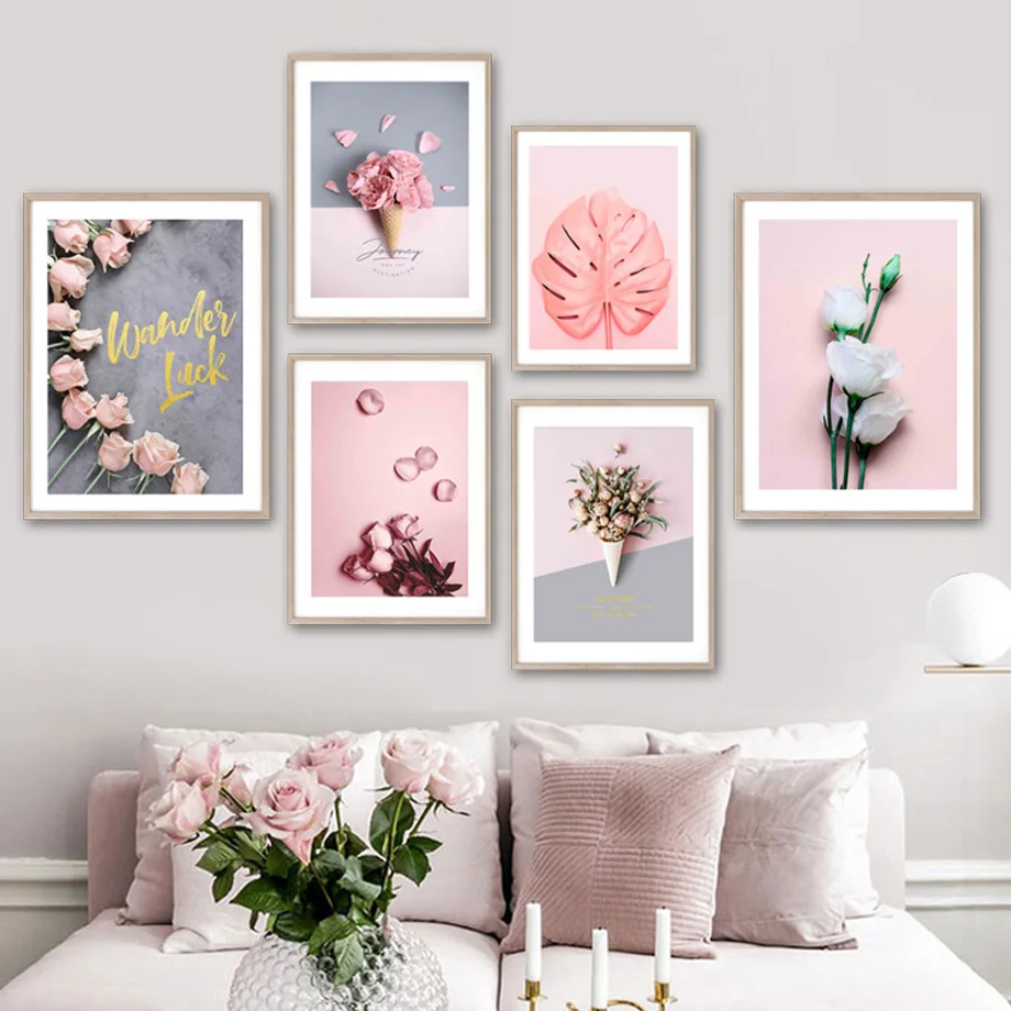 

Rose Monstera Peony Flower Petal Leaf Wall Art Canvas Painting Nordic Posters And Prints Wall Pictures For Living Room Decor