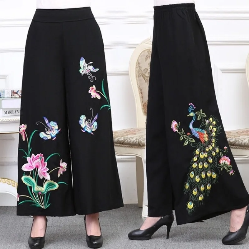 

Women Floral Embroidered Long Pants Spring Summer Cotton Linen Folk-custom Mid-aged Old Women Wide-leg Pant Skirt Trousers W1985