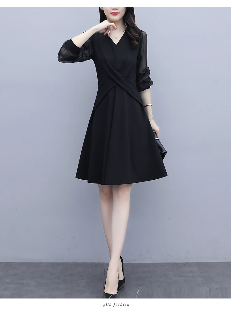 

Free Shipping Women Dresses V-Neck Chiffon Dress 2021 Summer Black Colour Long Sleeve Lady Working Dress Large Size 3XL.
