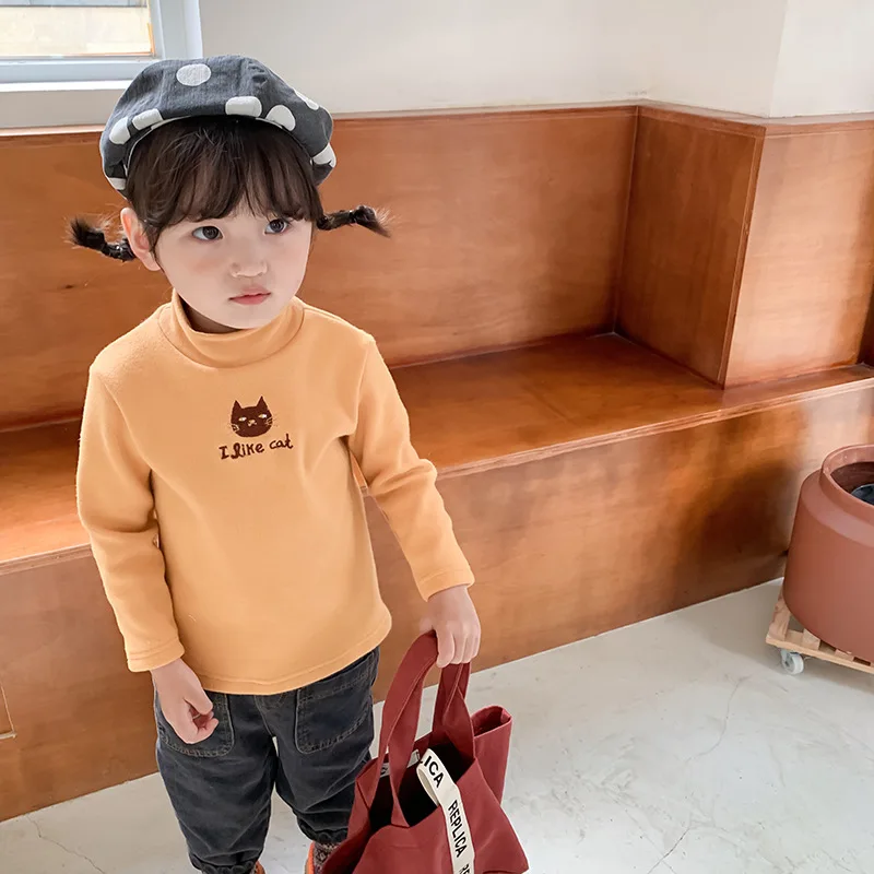 Зимние Детские футболки с вышитым котом подкладкой из флиса Теплые Топы 4 цветов