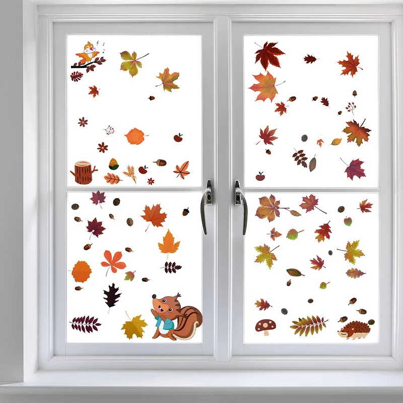 

Window Wall Sticker Home Decor Thanksgiving Autumn Maple Leaves Wall Art PVC Sticker Decals Party Ornament for Glass Door Fridge