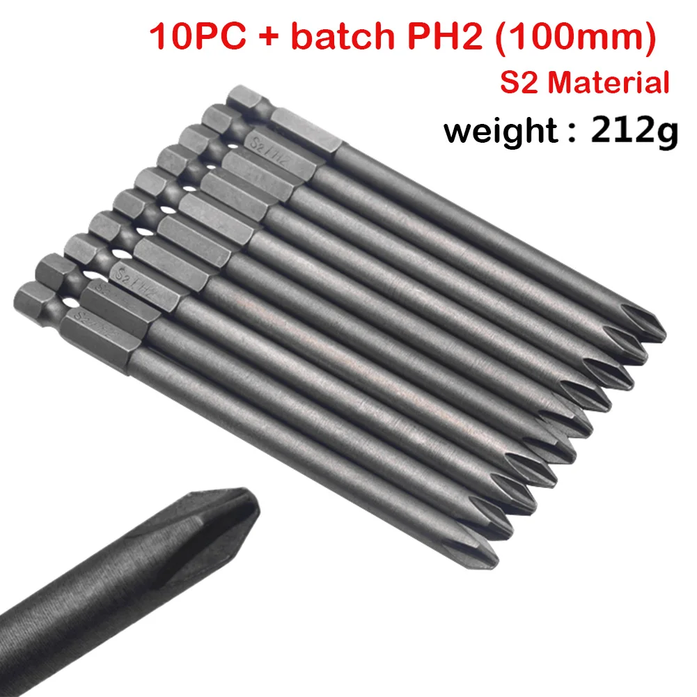 10 шт. 100 мм PH2 Магнитная длинная Шестигранная головка отвертка бита S2 дрель