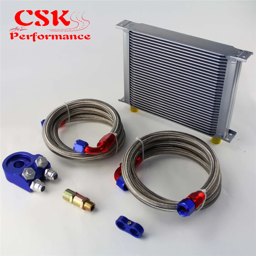 

Universal 30 Row 248mm AN10 Engine Transmission Oil Cooler British Type + Aluminum Filter Adapter Kit Silver/Blue