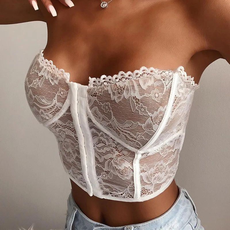 

2020 Sexy Sleeveless Fashion chest wrap Strapless Bustier Corset Crop Tops street Female Women Tops Lace club party