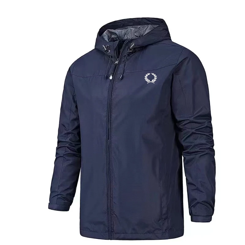 

Hot sale Jacket wheat ears logo printin Men Lightweight Hooded Zipper Waterproof Coat Solid Color Fashion Men Outdoor jacket