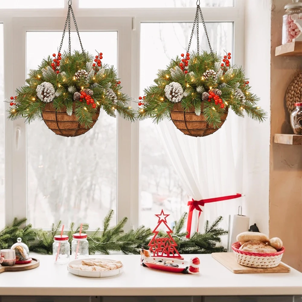 

Новинка 2021, рождественские корзины с цветами, украшения, подвесная корзина, венок, рождественские украшения со светодиодной подсветкой, дом...