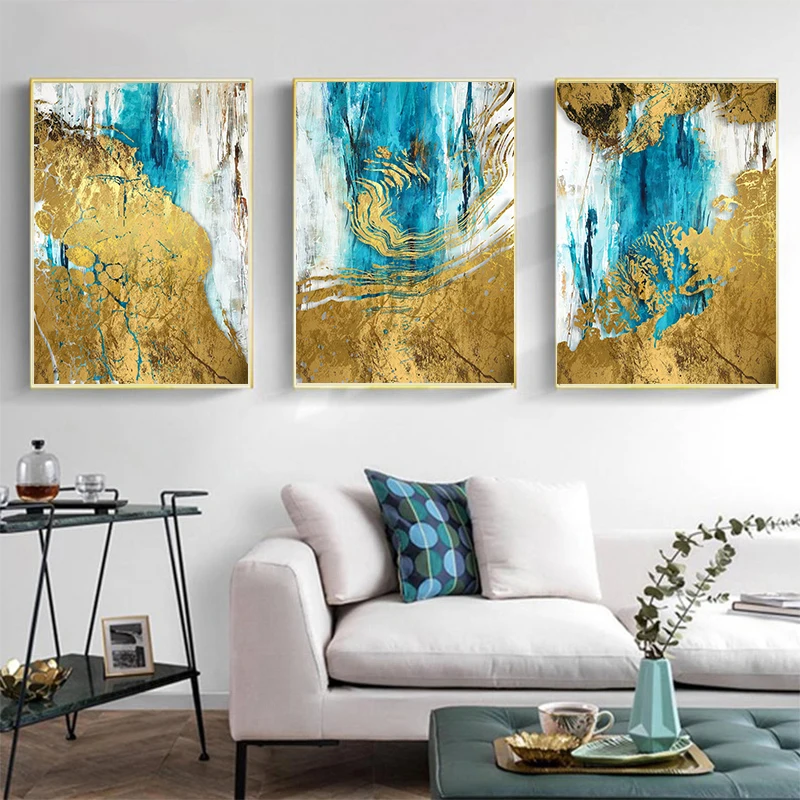 

Abstract Blue and Gold Painting Wall Art Posters Nordic Canvas Prints Wall Art Painting Modern Picture Living Room Decoration