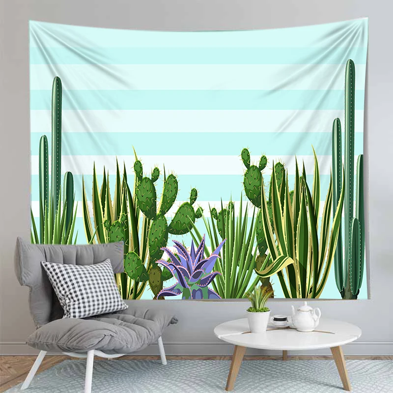 

Green Cactus Tapestry Bohemian Wall Hanging Succulent Landscape Lace Tapestry Picnic Blanket Living Room Cloth Wall Decor Tapis