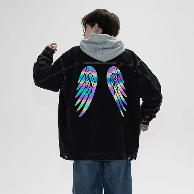 

Aolamegs Denim Jackets Men Reflective Wings Print Varsity Jacket Male Japanese Harajuku Windbreaker Cozy High Street Streetwear