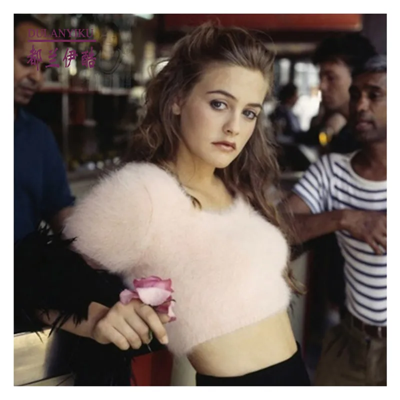 

Long hair mink cashmere high waist open navel short sleeve sweater round neck slim mink Sweater Girl's sweater