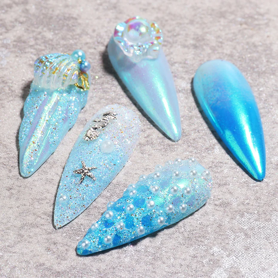 Синий Фиолетовый Блестящий Порошок для ногтей светящийся в темноте летнее