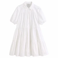 women simply solid color casual white shirtdress office lady puff sleeve pleats vestidos chic leisure big swing dresses ds3438