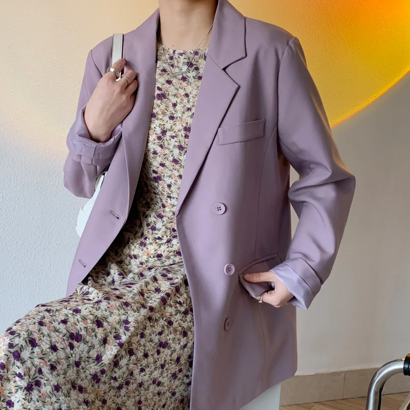 

Korean Women Light Purple Blazers Loose Notched Collar Single Breasted Long Sleeves Female Casual Suit Jacket Spring Autumn 2021