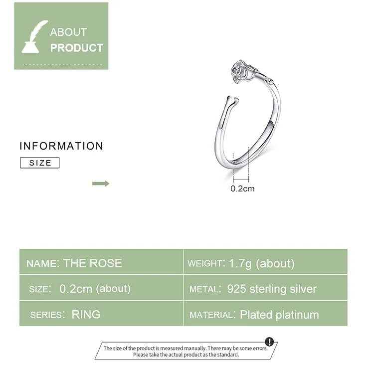 

bamoer Thorns and Rose Open Adjustable Finger Rings for Women 3D Flower Ring Band 925 Sterling Silver Jewelry Korean BSR065