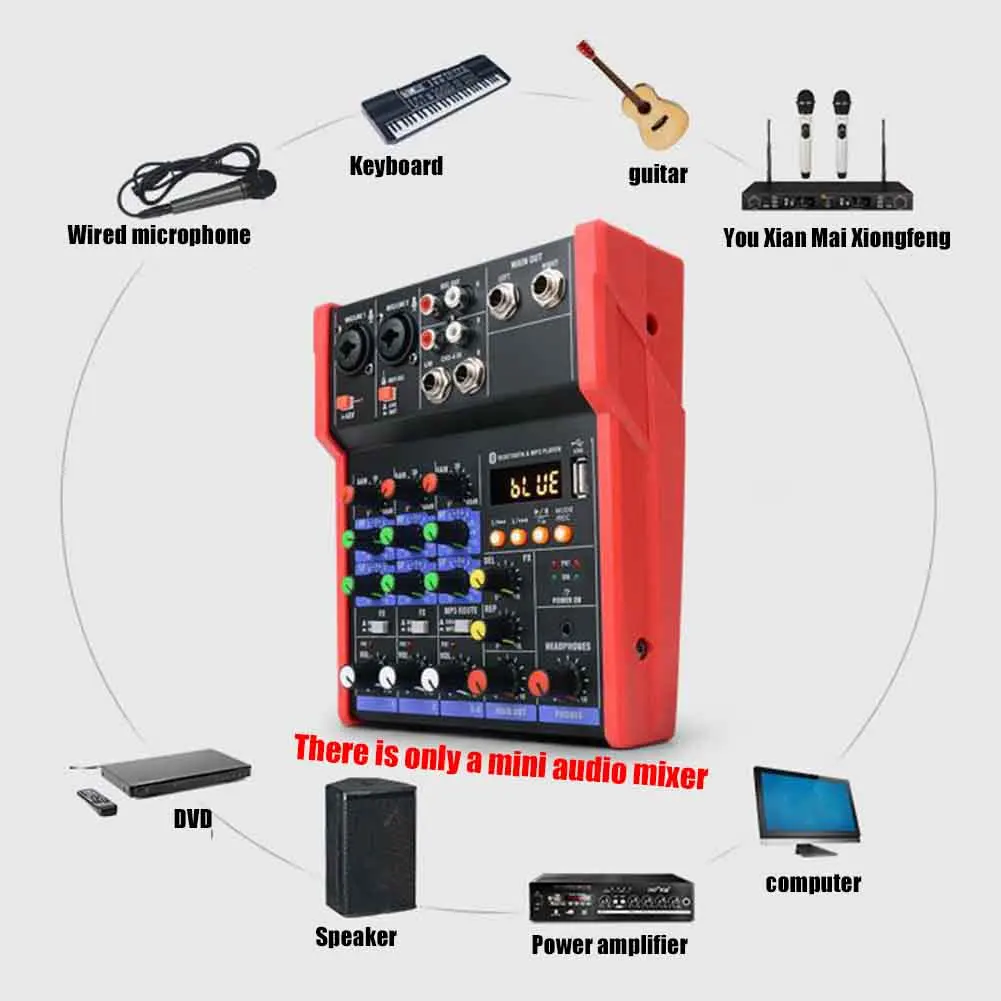 

4 Channels DJ Console Karaoke USB 5V Studio Live Performance Stereo KTV Stage Mini Audio Mixer Bluetooth Music Sound Card Home
