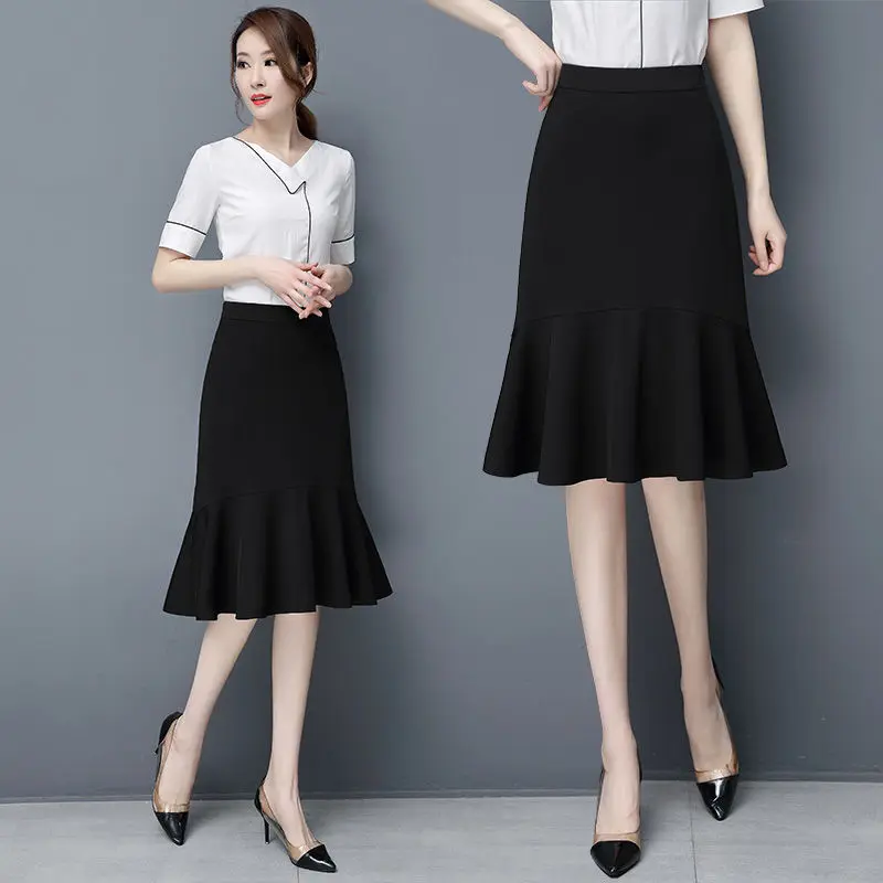

Women's Skirts Elegant High Waist Slim Skirt Black Solid Color Lady Skirts Large Size S ~ 5XL