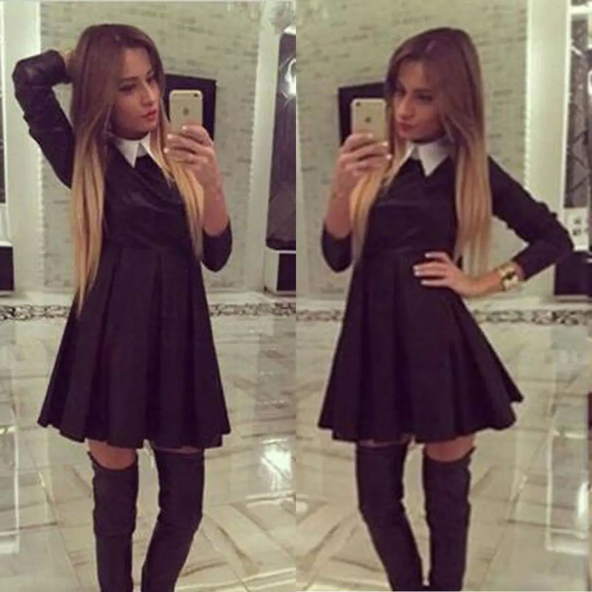

Autumn Spring Vintage Dress Women Lady Retro Tunic Long Sleeve Solid Dress