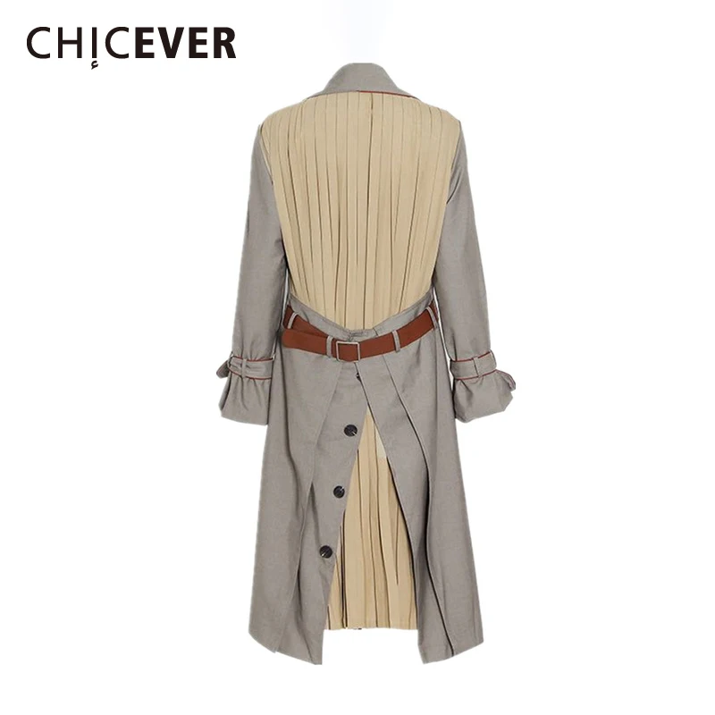 

CHICEVER Solid Windbreakers For Women Lapel Long Sleeve Patchwork Oversized Lace Up Ruched Loose Trench Female 2021 Clothing New