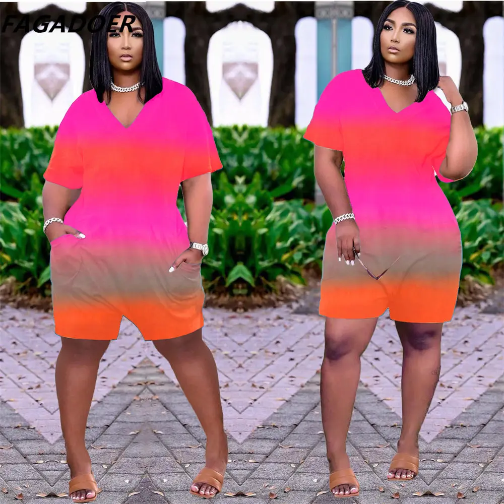 FAGADOER Gradient Striped Rompers Large Size Summer Short One Piece Playsuits Women V Neck Beach Jumpsuit Casual Pockets Overall