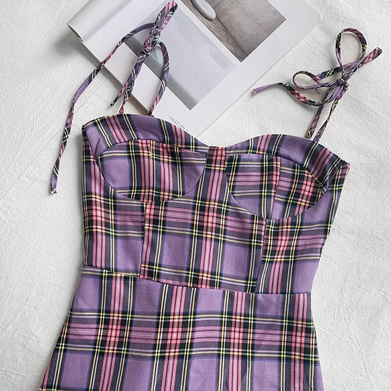 

Suspender Skirt Female Summer Slim Checkered Pattern Showing Thin Sweet CuteTemperament Halter Fishtail Dress