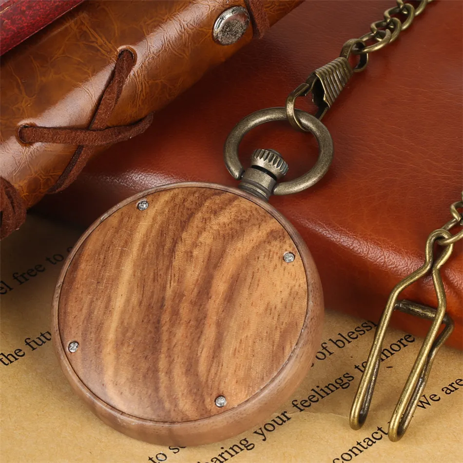 

Natural Retro Bamboo/Walnut Wood Quartz Pocket Watch Hollow Engraved Luminous Hands Open Face Pendant Pocket Clock Unisex Gifts