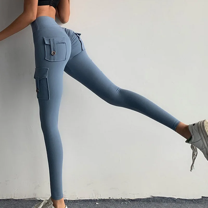 

NORMOV Workout Women Leggings Solid Pockets Button Ankle Length Jeggings Fitness High Waist Push Up Leggings Feminina
