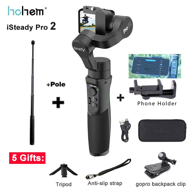 add pole n holder Hohem iSteady Pro 2 3-осевой портативный монопод с шарнирным замком Go Профессиональный стабилизатор для камеры DJI Osmo Экшн камера Gopro Hero 7 6 5 Yi 4K SJCAM Камера PK Feiyu G6 - Цвет: add pole n holder