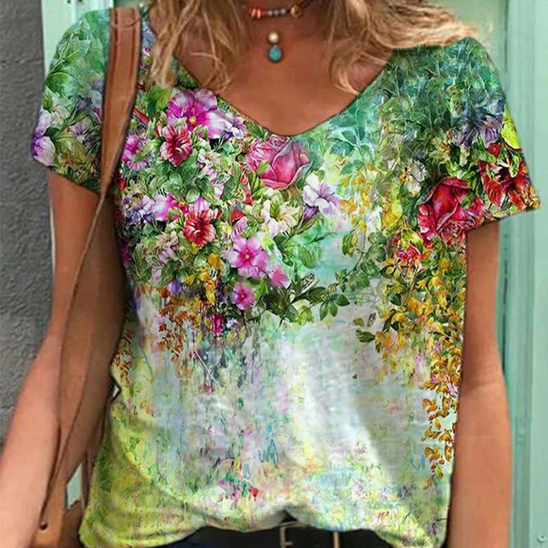 

Women Floral Printed T-shirt Short Sleeve Casual Oversized Tee 2021summer Loose O-Neck Tops Streetwear Female Plus Size S-5XL