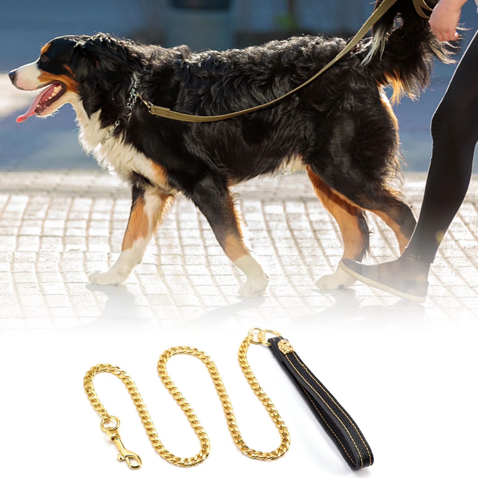 

Portable Dog Leash Stainless Steel 12mm Width Traction Rope Chain with Padded Handle for Medium Large Dogs