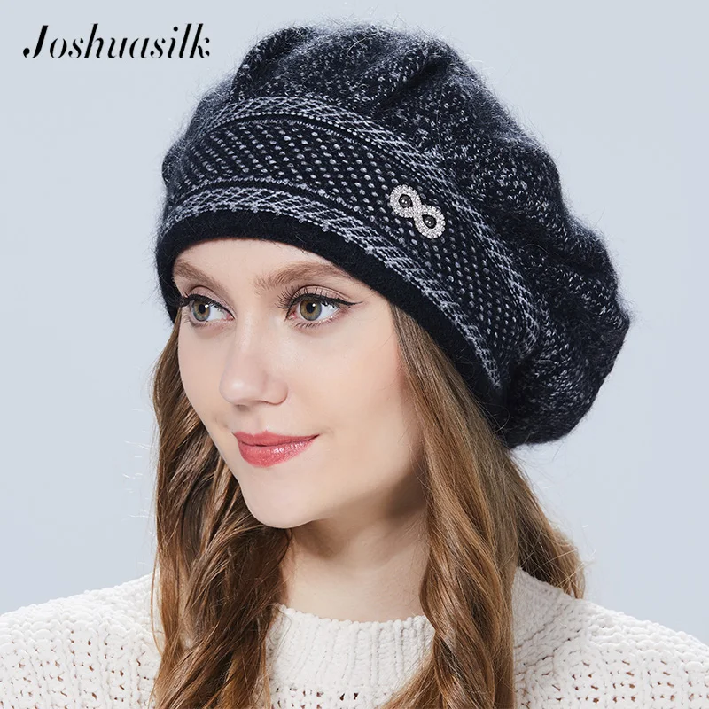 Joshuasilk Women Beret  Winter hat Knitted Angora Wool Berets Double warm hat 5 color options